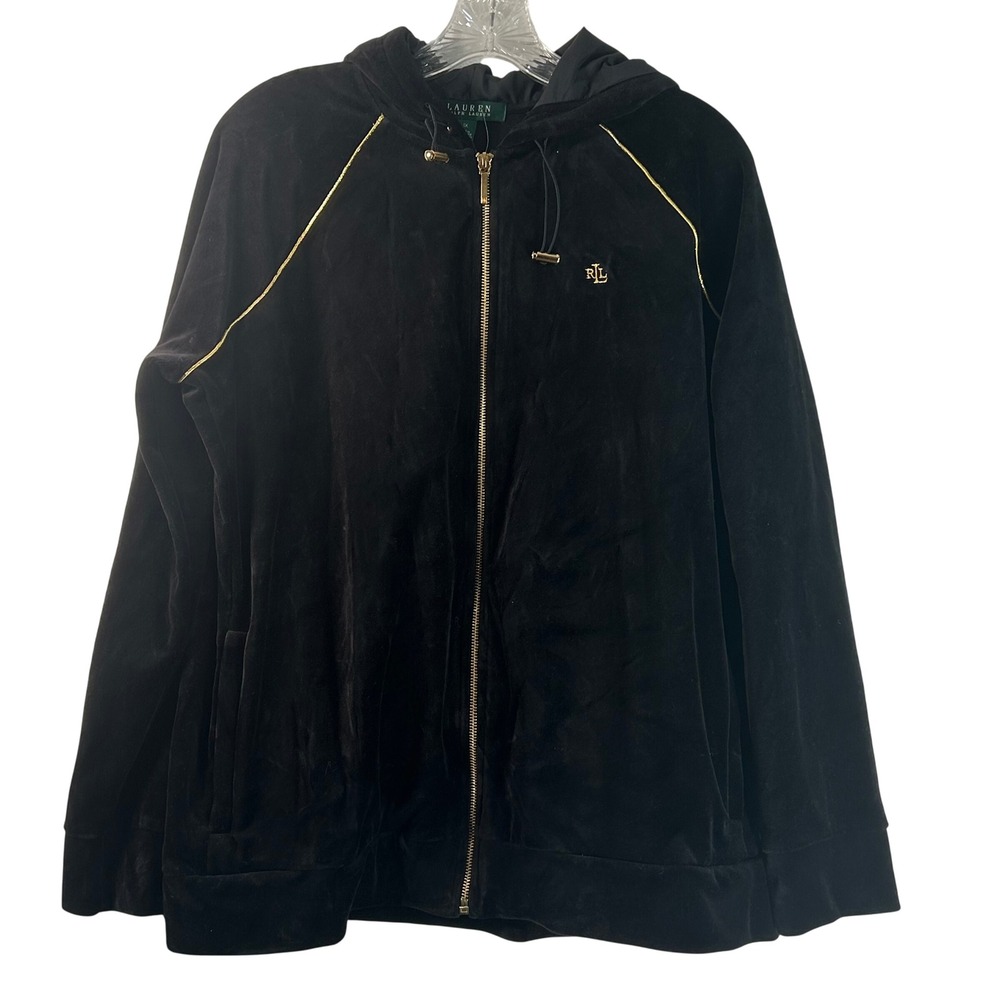Lauren Ralph Lauren Black Velour Gold Piping Zip Up Hoodie Jacket 1X
